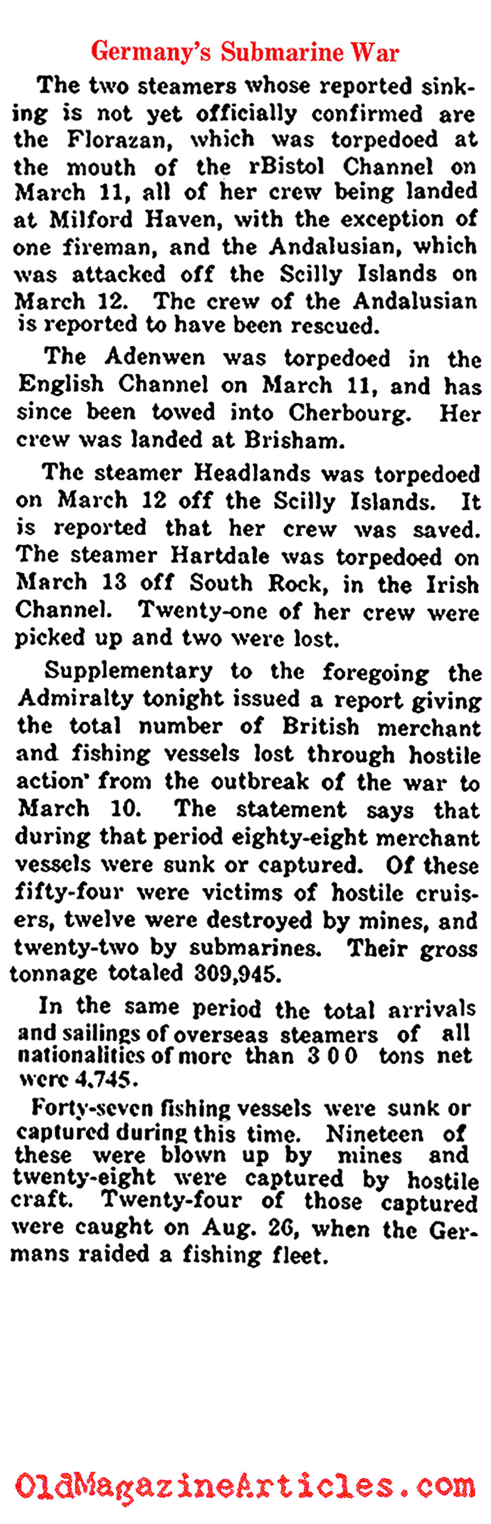 Submarine Warfare: The First Seven Months (NY Times, 1915)